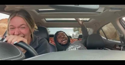 骆驼钻进车窗讨食物  男惊躲避 女笑不停