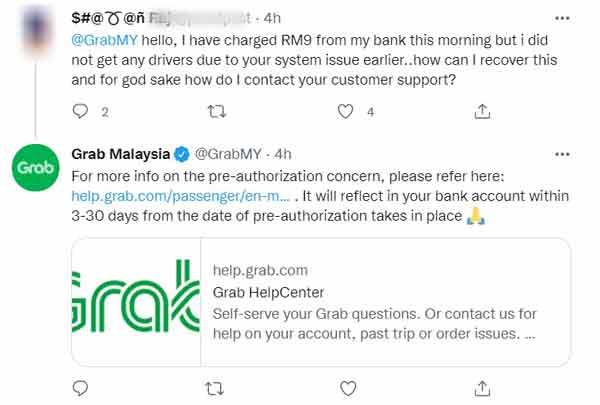 
用户在推特询问Grab公司，若没有获得服务又支付了费用，该怎么办。