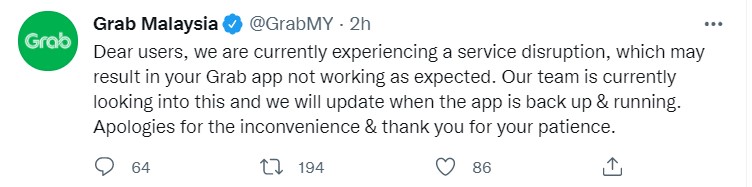 Grab在推特向受影响的用户道歉。