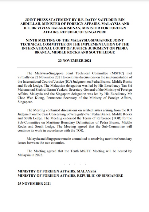 马新两国外交部长发联合文告，报告有关白礁岛、中岩岛及南礁主权事项的最新进展。