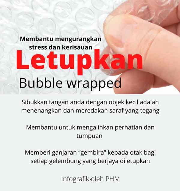 “Public Health Malaysia”提醒，捏破泡泡纸内泡泡的动作，有助减压和降低焦虑。