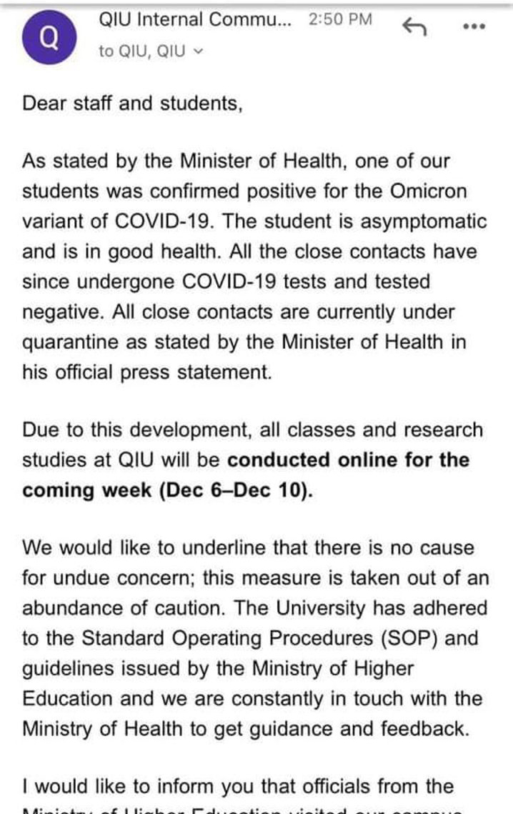 霹雳Quest国际大学证实该校1名学生感染Omicron变种毒株。