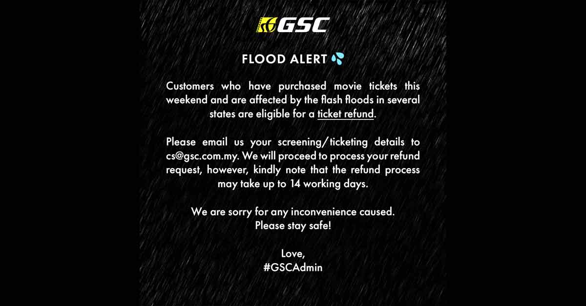 GSC宣布，允许受水灾影响的顾客退票。