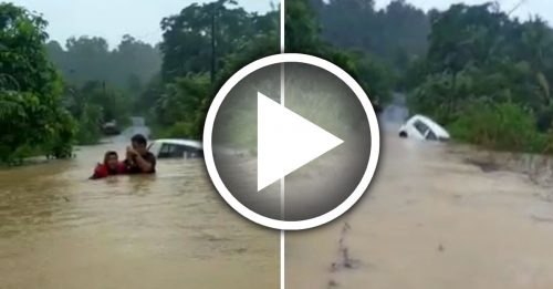 ◤大水灾◢ 车困积水中 公众出手 把她救出！