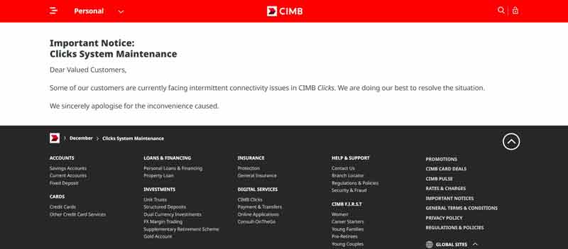 新加坡联昌银行发通告，指CIMB Clicks系统故障，当局正在维修中。