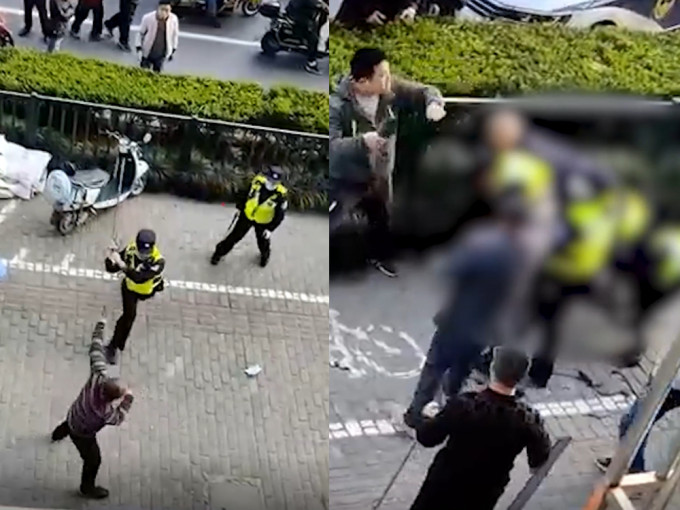 一名男子在上海浦东街头挥舞剪刀伤人，终被警员和途力合力制伏。