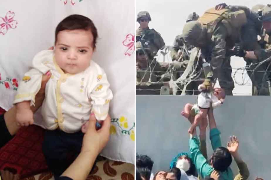 阿富汗男婴索海尔，右图为去年8月，父母带着索海尔赶抵喀布尔机场，将他先交给围栏里的美军。