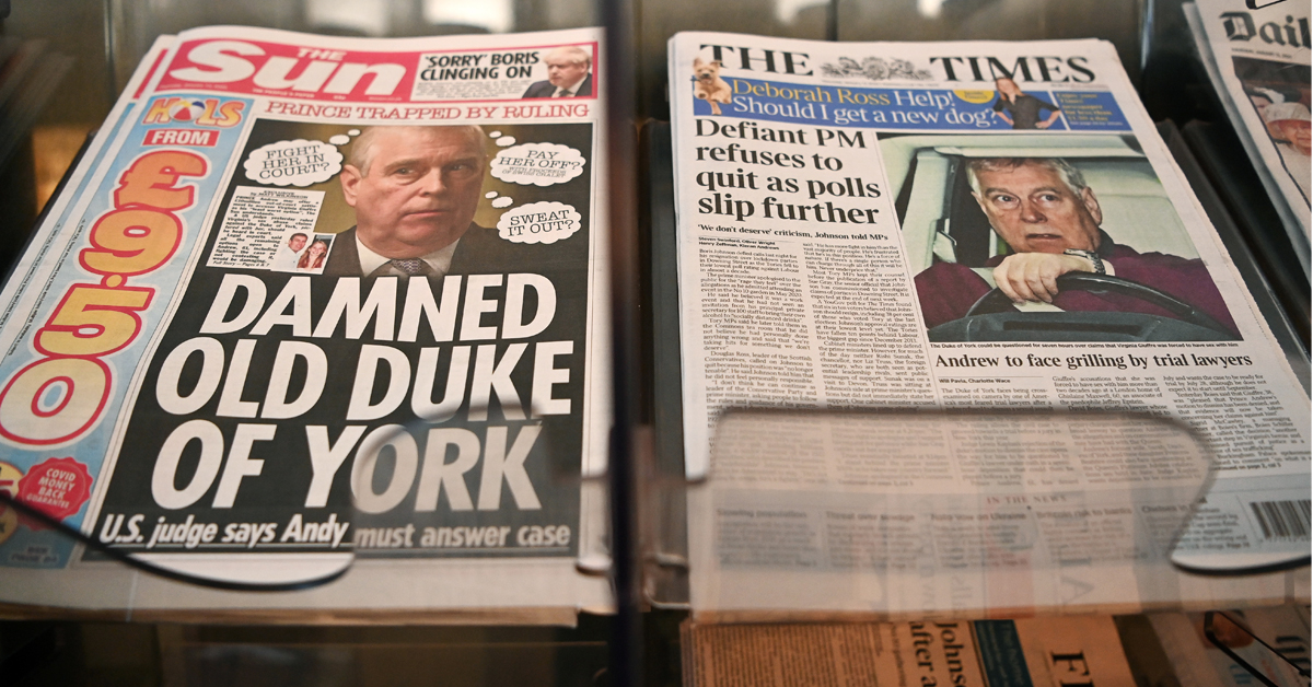 英国多分报章13日的封面新闻都与安德鲁王子有关。（欧新社）