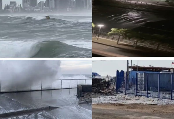 海啸抵达的沿岸地区波涛汹涌。