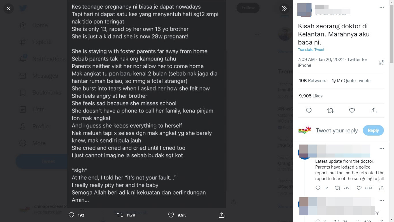推特网民转发医生的贴文指出，吉兰丹一名医生揭发一名少女近亲强奸成孕事件。