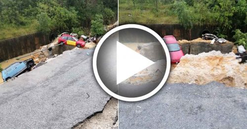 豪雨侵袭 道路坍塌 5车坠深坑 幸无伤亡！