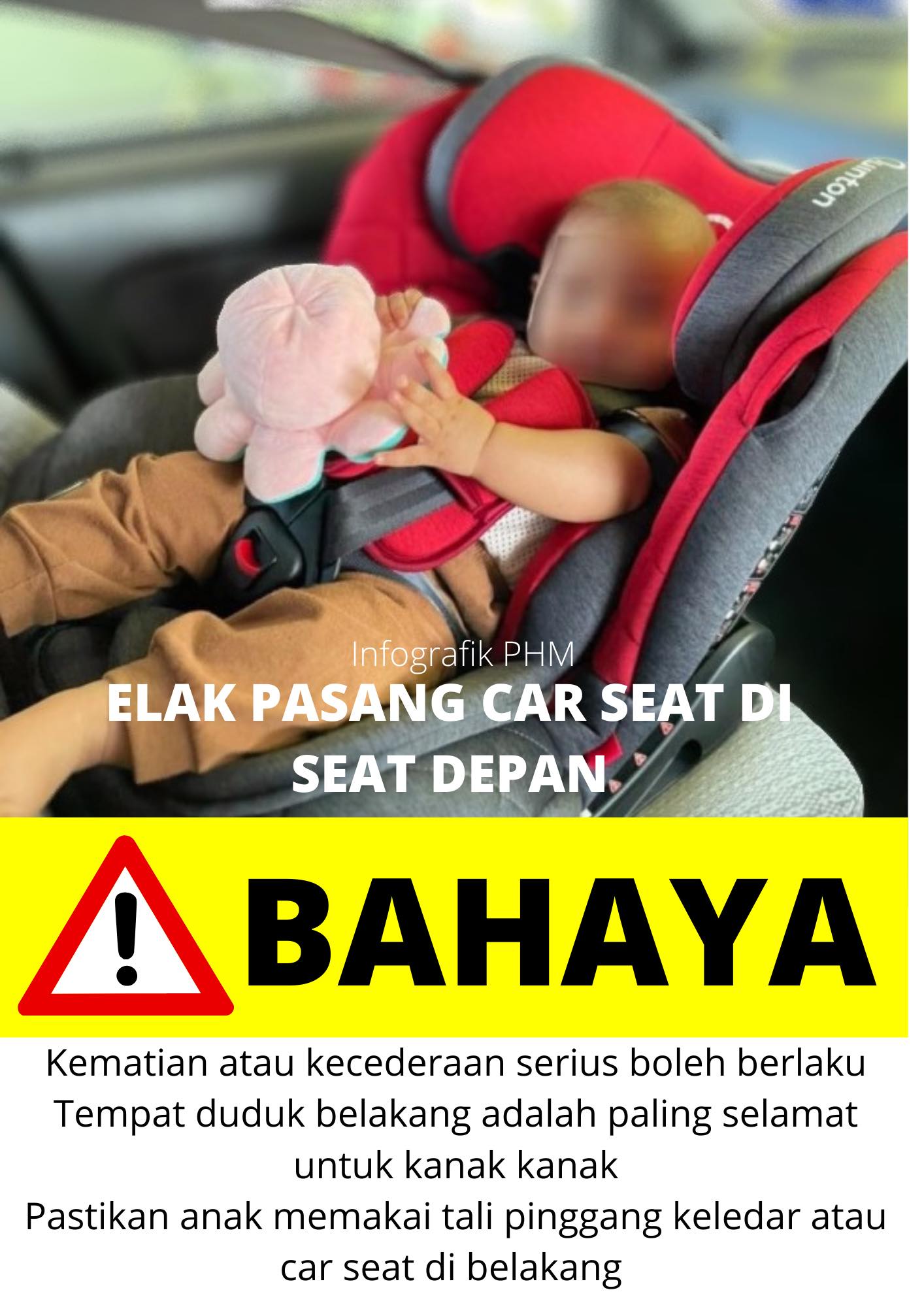Public Health Malaysia提醒民众不要把儿童安全座椅安装在汽车副驾位。