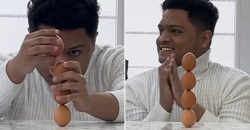 男子直叠4鸡蛋 刷新世界纪录