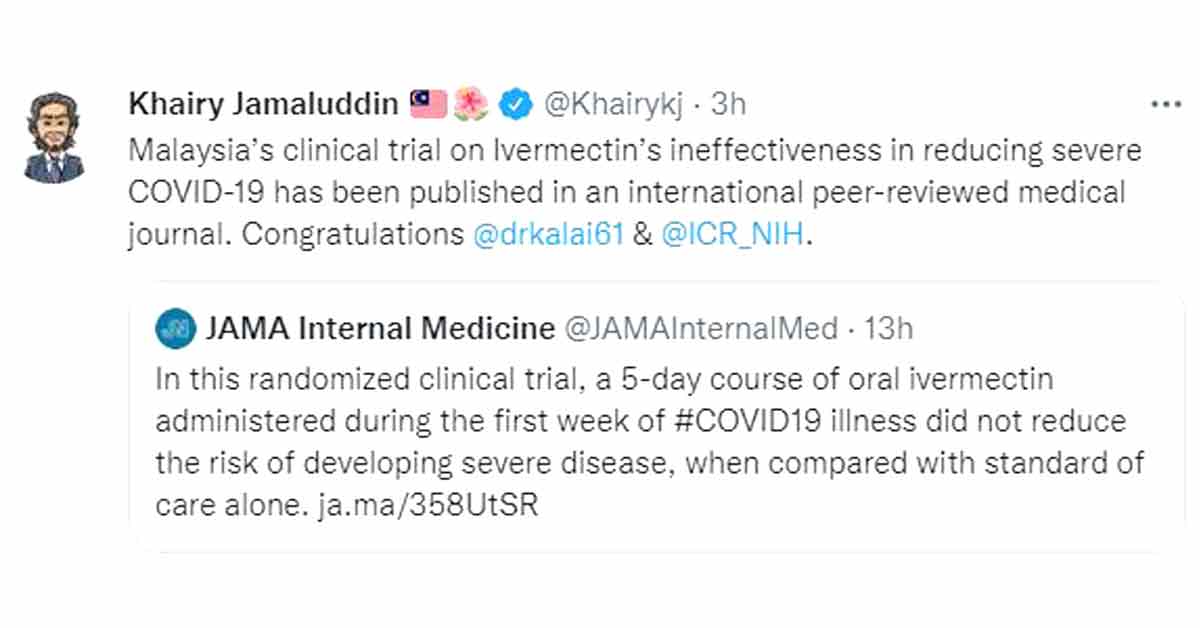 凯里祝贺马来西亚临床研究机构对，伊维菌治疗高危险群的疗效研究结果，刊登在《美国医学会杂志》。
