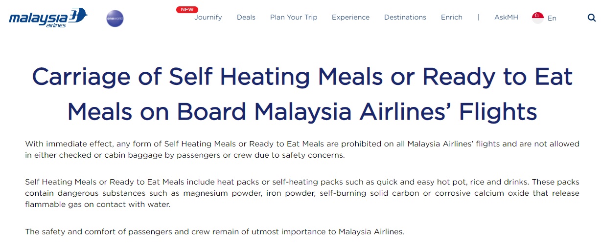 马航通过官网，向乘客和机组人员发布禁止携带任何自热或即食餐饮的资讯。