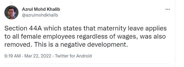 阿兹鲁, Azrul, Employment Act amendment, maternity leaves