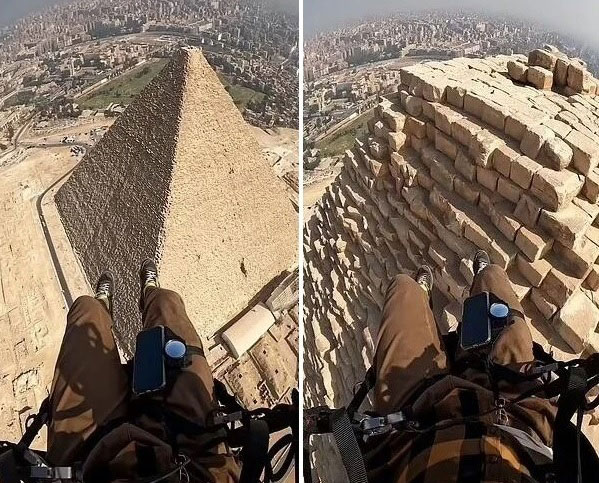 滑翔伞飞行员亚尼斯·特齐斯，近日分享自己在埃及著名的吉萨金字塔群上近距离掠过的惊险画面。