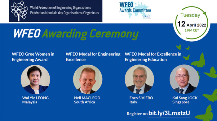 来自我国、新加坡、意大利及南非的工程师，皆将于4月12日举办的世界卓越工程师颁奖典礼获颁殊荣。