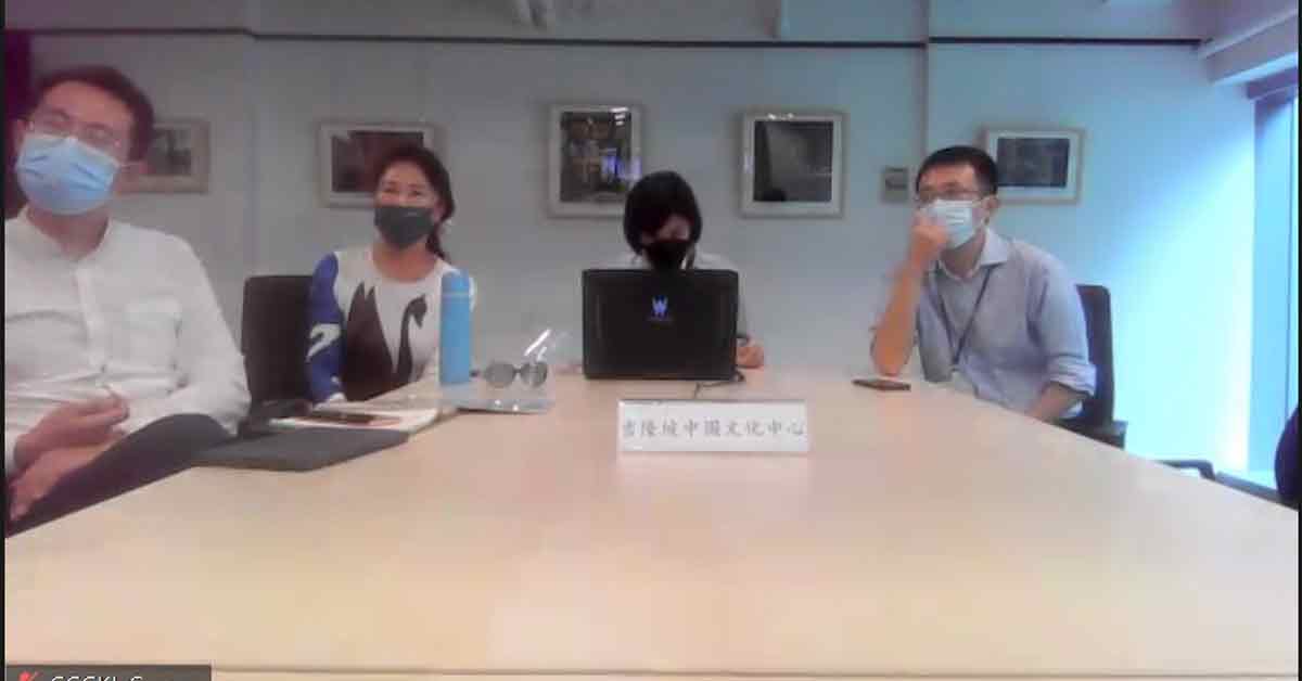 戴小华(左2)与《中国报》进行线上交流；左起为张润轩、黄燕兰和张杰鑫。