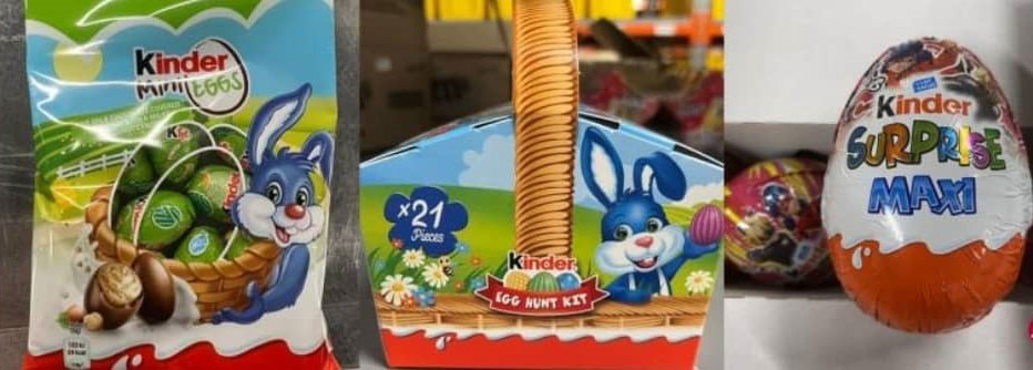 新加坡食品局已下令进口商召回受影响的这3款比利时产品。左起为Kinder Mini Eggs（75克）、Kinder Egg Hunt Kit（150克，）和Kinder Surprise Maxi（100克）。（取自新加坡《联合早报》／新加坡食品局提供）