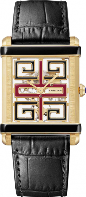 Cartier Prive系列Tank Chinoise腕表，黄K金配搭黑漆表壳。