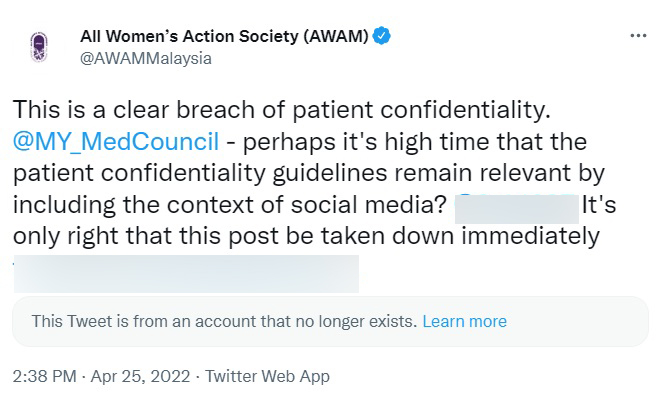 AWAM指女醫生貼文已暴露了患者私隱，並替男子進行愛滋病檢測，要求她撤掉貼文。也不應用揭露病人私隱的方式。</p><p>網友們紛紛評論她違反醫德，（取自《星洲日報》）