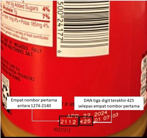 诺希山说，卖家必须立即停止出售批号1274425至2140425，并以“425”为最后3个号码的Jif花生酱；至于已购买该批号花生酱的消费者，则受促勿食用。