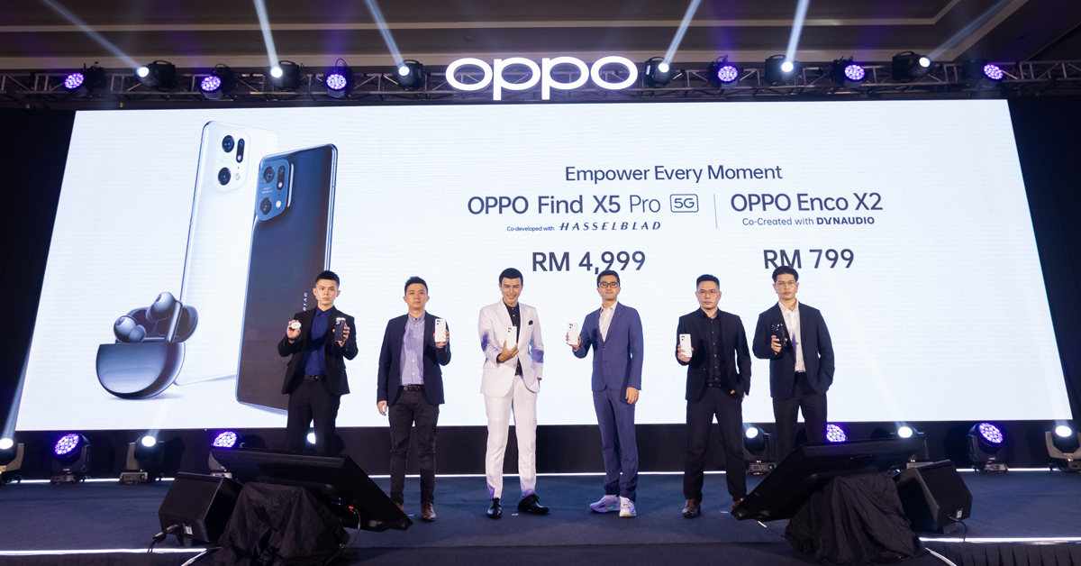 OPPO最新旗舰智能手机Find X5 Pro 5G正式登陆大马市场！左起为IoT产品经理王樟炜、零售董事范辉业、叶剑锋、总执行长王海峰、产品经理王子川和产品专才杨李宁。