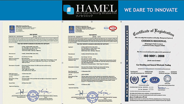 HAMEL隔热膜持有大马规格及研究机构认证和ISO 9050:2003品质管理系统认证。