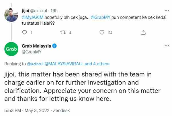 也有網友向Grab Malaysia轉貼該貼文，質疑食物是否清真。</figcaption></figure><figure id=