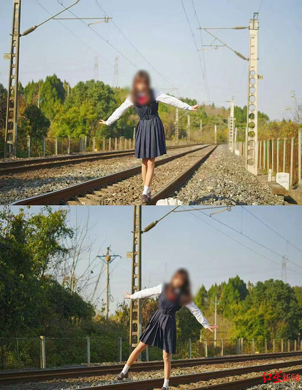 女大学生李某站在铁轨拍照，非常危险。