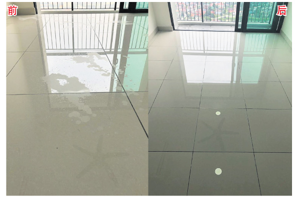 强烈化学物质的清洁剂“烧伤”地板留下的痕迹，经过修复后，恢复如新。