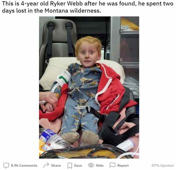 3岁男童韦伯，在深山野林中失踪2天后寻获。
