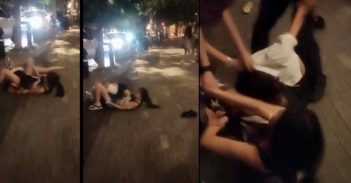 2妙龄女子打架 一人惨被钳在双腿间
