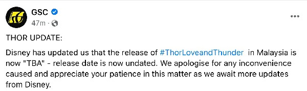GSC影院透露《雷神4》上映日期改成待定。