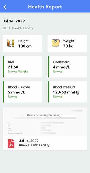 MySejahtera新功能，可以记录人们的身高、体重、血压及血糖等信息。