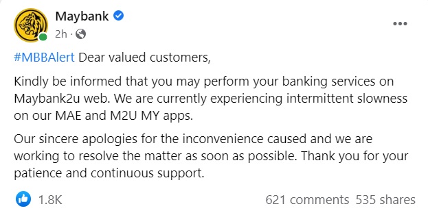 马银行为MAE和M2U MY应用程式出现网络缓慢问题而向用户致歉。