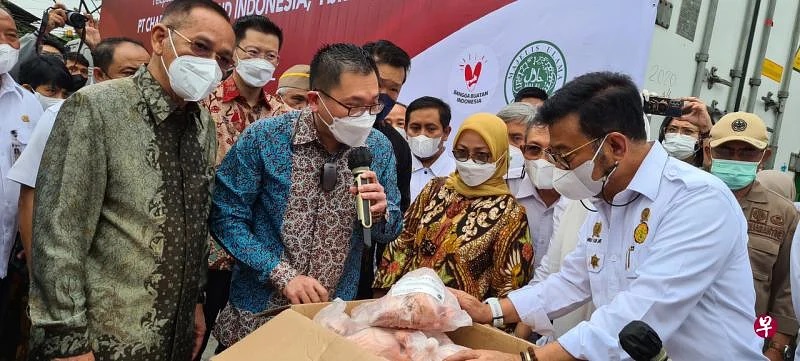 印尼农业部长夏鲁尔（右一）正在检查即将出口至新加坡的鸡只。