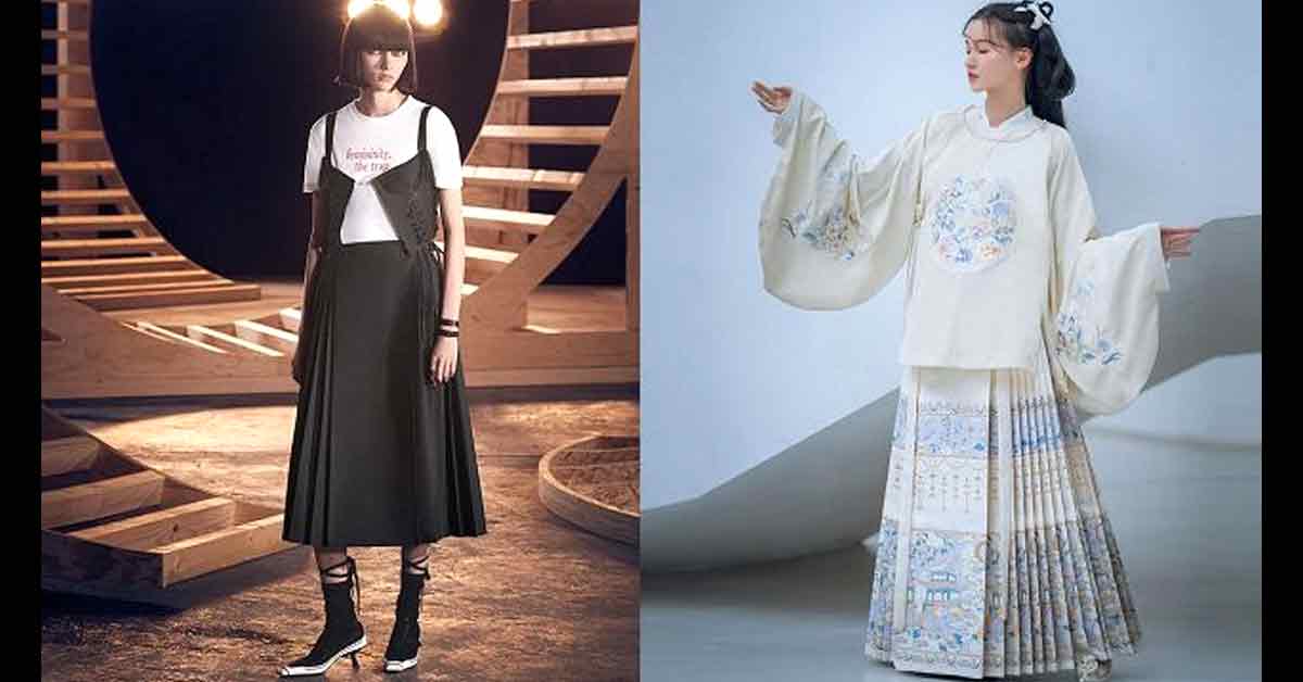 迪奥这款裙装（左图），近日被中国网民质疑抄袭明代的马面裙（右图）。