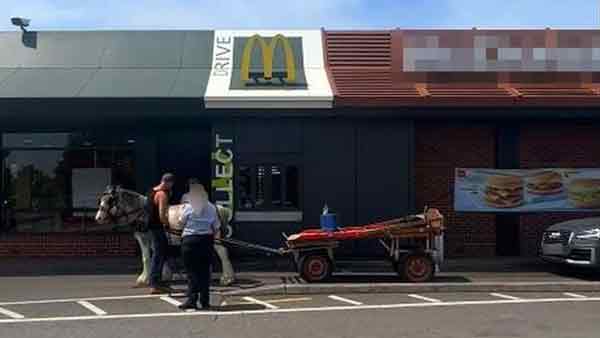 驾驶马车的男子与麦当劳员工争执为何不能使用得来速。