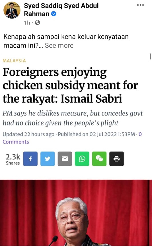 赛沙迪不能苟同首相的声明，认为食物不得有种族或国籍之分。