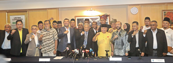 马哈迪（前排左6）率领‘祖国行动’的成员，举出加油的手势。