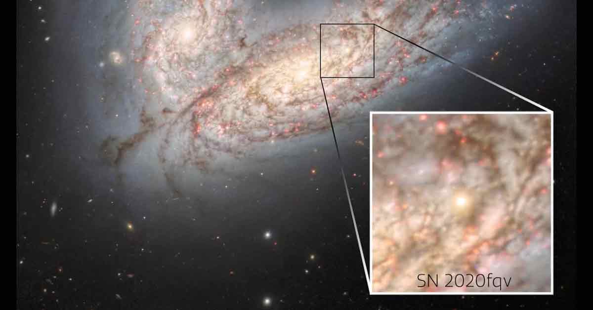 星系NGC 4568中的一个亮点，代表一颗强大的超新星SN 2020fqv。
