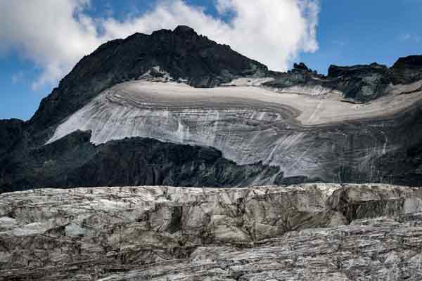 快速融化的冰雪可能导致岩石掉落。图为瑞士的萨斯斐冰川。（法新社）