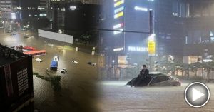 水淹首尔 公车灭顶 西装男惨困轿车孤岛