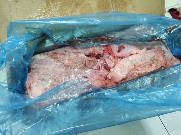 冷凍牛肺被裝在盒子裏。該局檢查後，