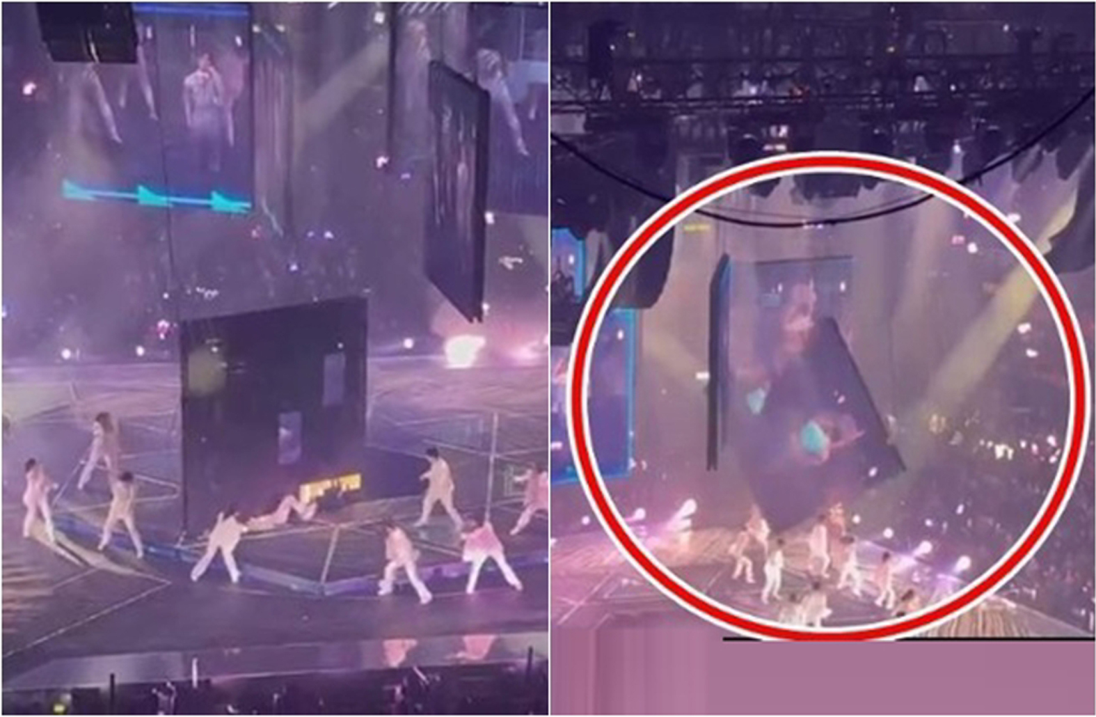 2舞蹈员被600公斤巨型屏幕砸伤画面太触目惊心。