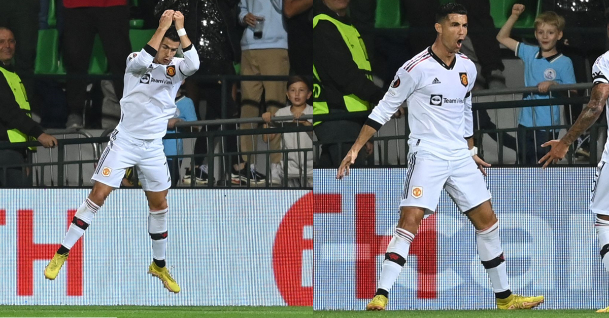 来到新赛季第8场比赛,C罗终于做出自己的招牌庆祝动作。(法新社)