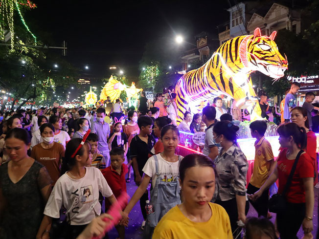 越南民众前往宣光省宣光市欣赏巨型花灯。（中央社）