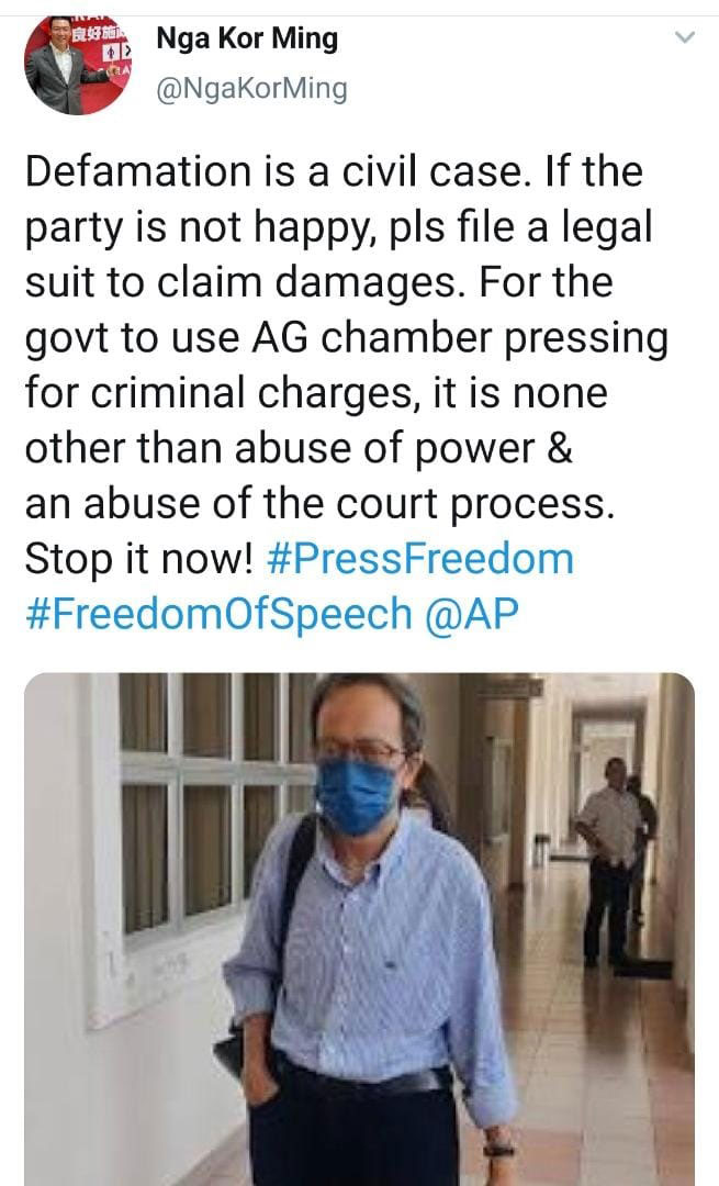 倪可敏在推特发文指政府利用总检察署进行刑事指控，无疑是滥用权力及滥用法庭程序。